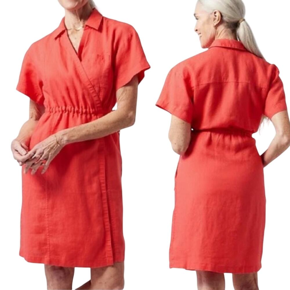 Athleta Linen Mini Dress Tie Waist Wrap Front V Neck Short Sleeve Red Orange 8